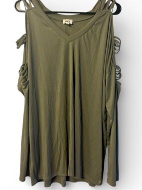 BKE Olive Green Cold Shoulder Cutout Sleeve Top XL Flowy Boho Oversized